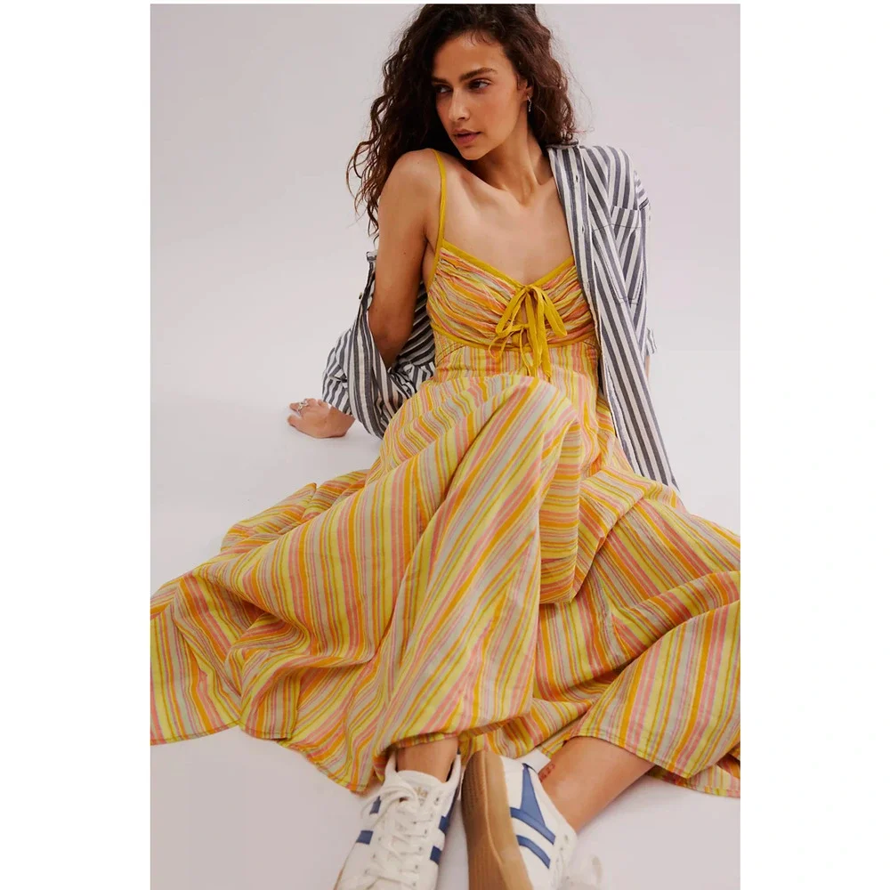FREE PEOPLE STRIPED DREAM WEAVER BOHO MAXI DRESS SZ M